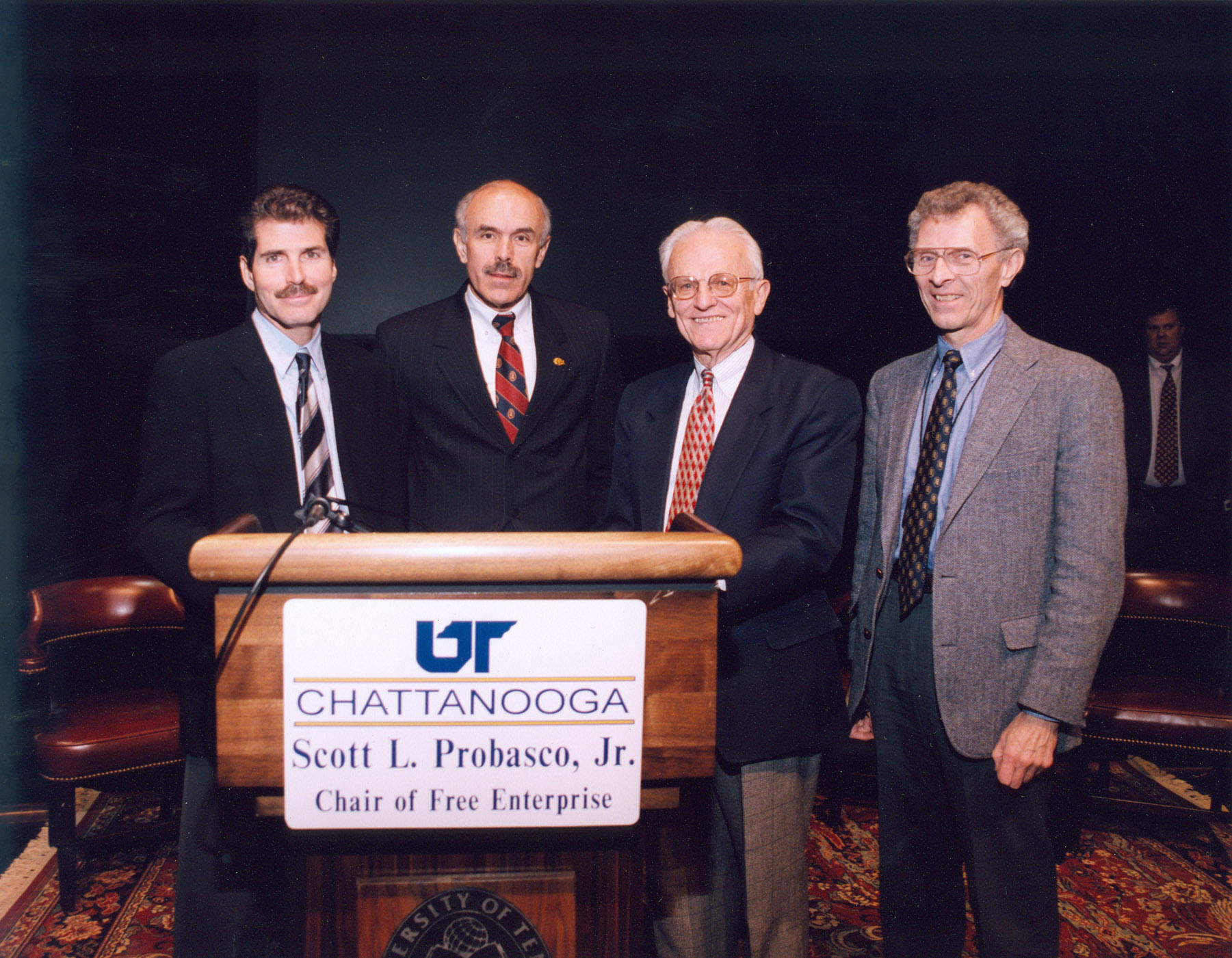 At a 1999 dinner honoring John Stossel, Bob Chitester joined J.R. Clark, and Scott L.Probasco Jr., at the Walden Club in Chattanooga, TN. 