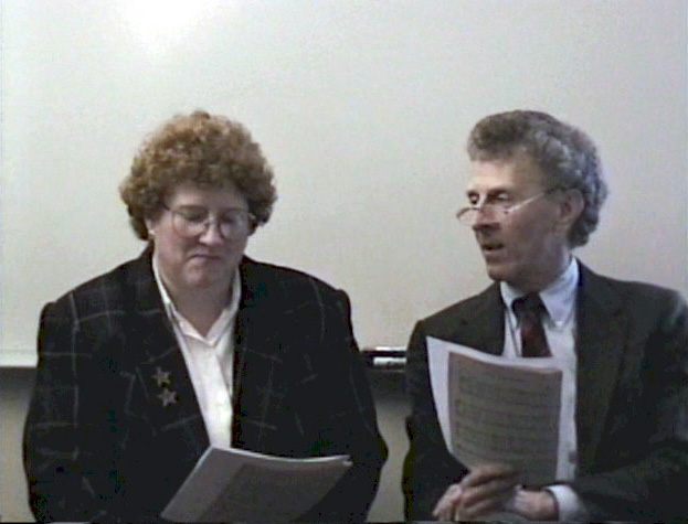 Cindee Behrendt, Bob's daughter, began working full-time at Free To Choose Network in 1986. Here, she and Bob are participating in a Christmas sing-along with the staff.