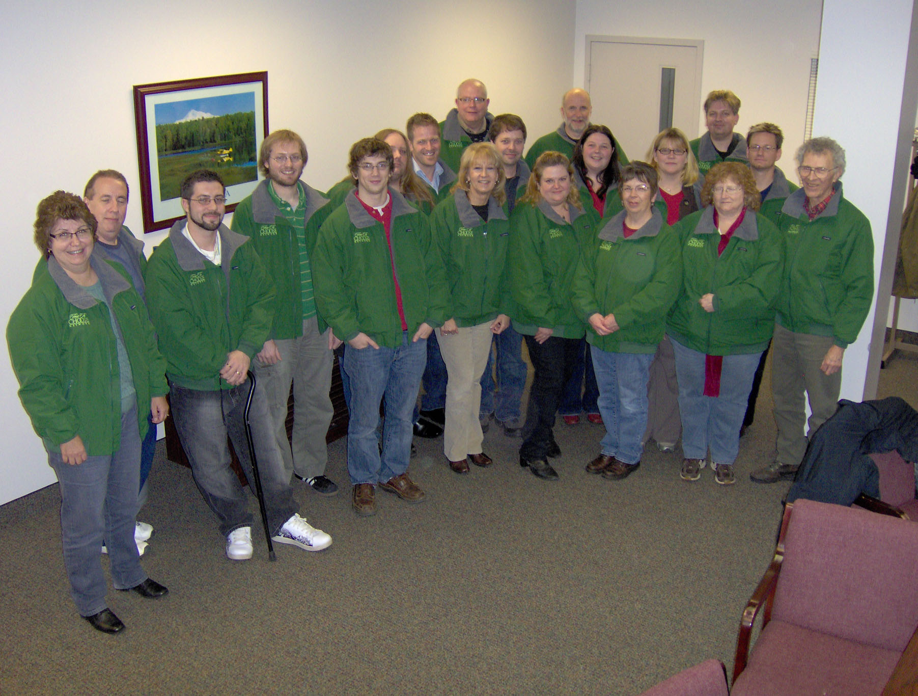 The 2010 staff Christmas party put everyone in jolly green jackets.