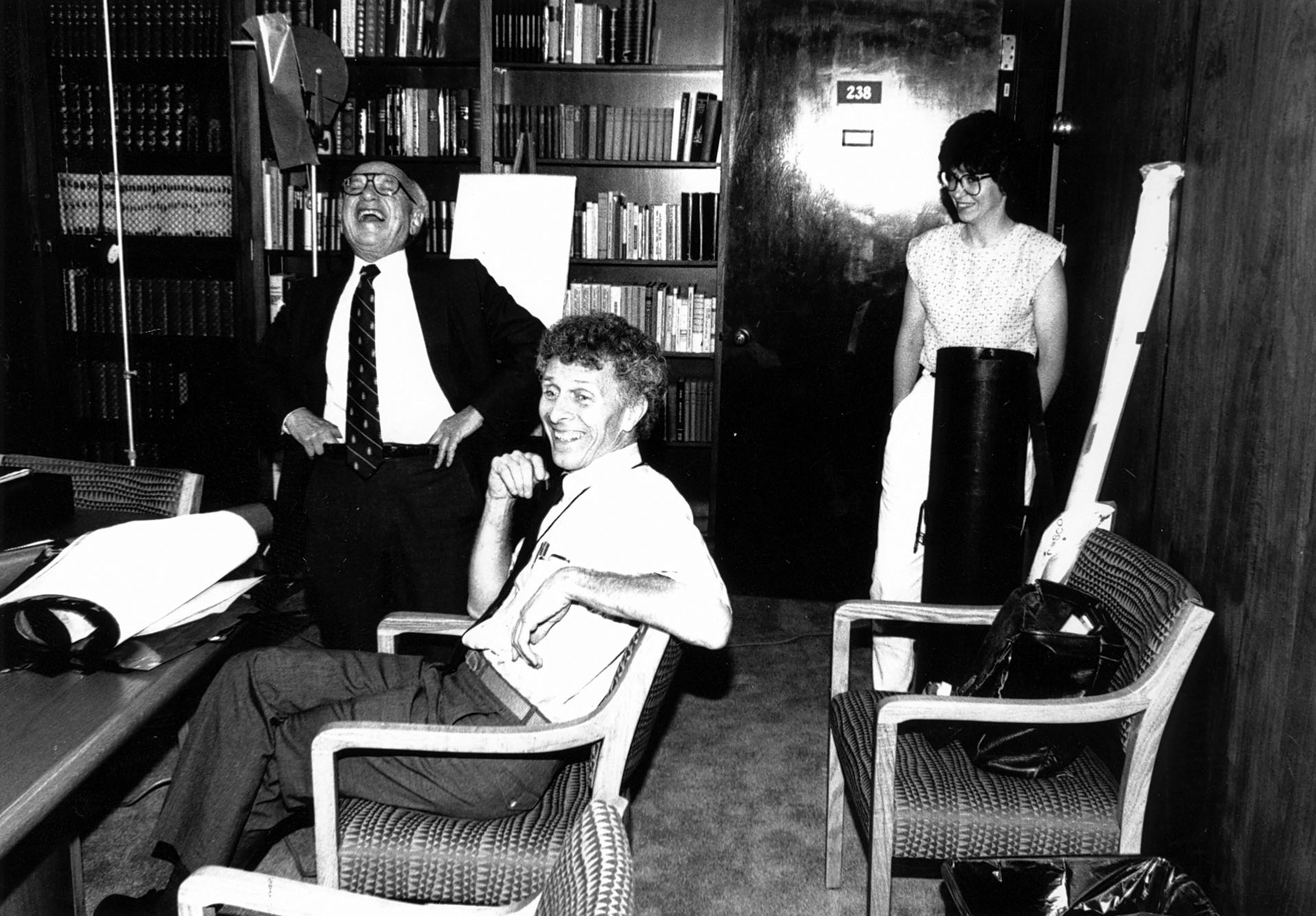 Milton Friedman, Bob Chitester, and Tara Schupp recording the Free To Choose open with George Shultz (not in picture) in 1990. 