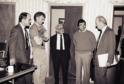 Sam Bowels, Bob Chitester, Milton Friedman, Phil Cooper, and Gary Becker while filming Free To Choose production shots in San Francisco, CA, 1990.