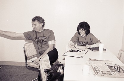 Bob Chitester and Tara Schupp working in the production office in San Francisco, CA, 1990.