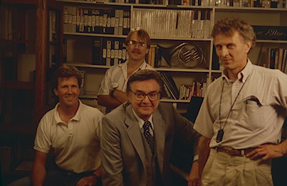 Bob Ames, Brad Drumheller, Steven Allen, and Bob Chitester recording the opening of Free To Choose in 1990