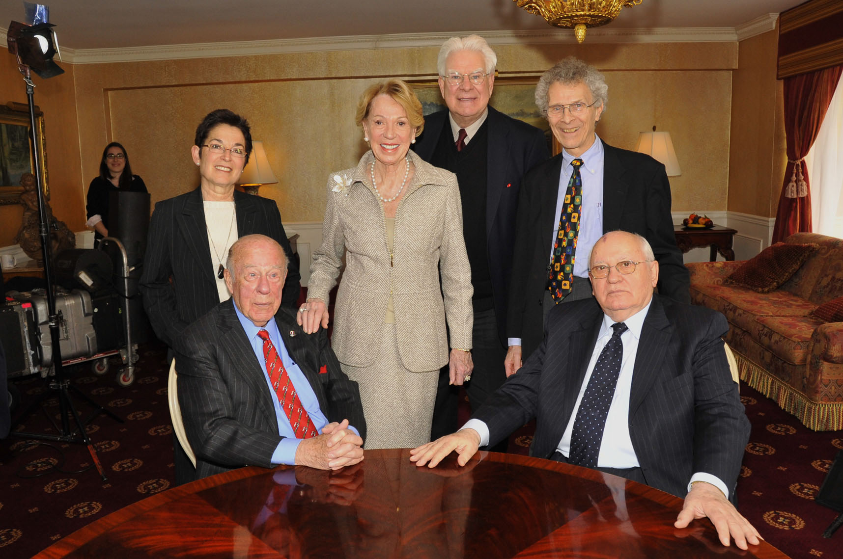 Working on productions brought Bob in contact with poor villagers as well as world leaders. While filming Turmoil & Triumph: The George Shultz Years, he met President of the Soviet Union Mikhail Gorbachev. Pictured here (L to RT): Elle deVries, former Secretary of State George Shultz, Charlotte Mailliard Shultz, Producer David deVries, Executive Producer Bob Chitester, and former President of the Soviet Union Mikhail Gorbachev.